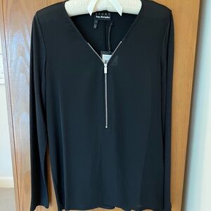 The Kooples Sport Mix Woven Jersey Zip Front Long Sleeve Top, S, NWT